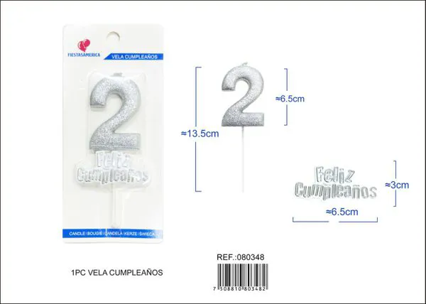 Vela de cumpleaños número 2 plateada con escarcha plateada 7 cm