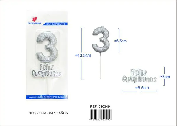 Vela de cumpleaños número 3 plateada con escarcha plateada 7 cm