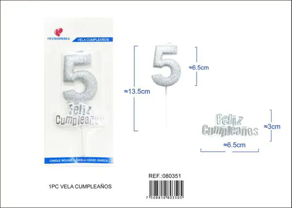 Vela de cumpleaños número 5 plateada con escarcha plateada 7 cm