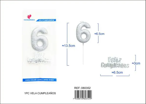Vela de cumpleaños número 6 plateada con escarcha plateada 7 cm