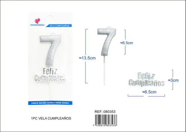 Vela de cumpleaños número 7 plateada con escarcha plateada 7 cm