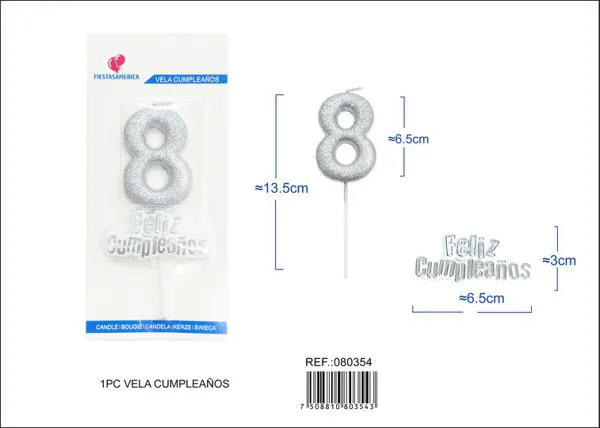 Vela de cumpleaños número 8 plateada con escarcha plateada 7 cm