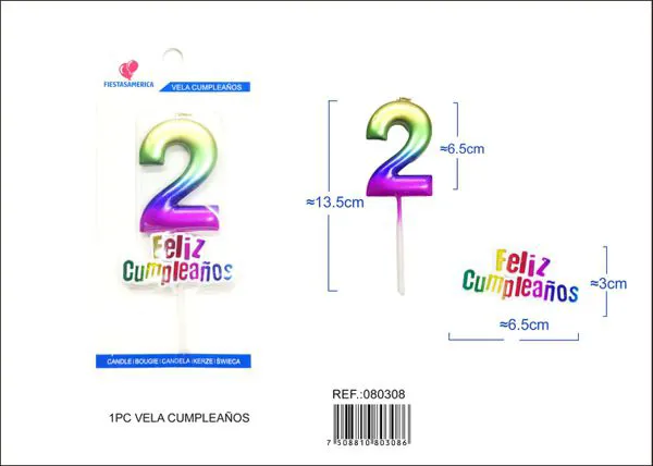 Vela de cumpleaños número 2 degradado 7 cm