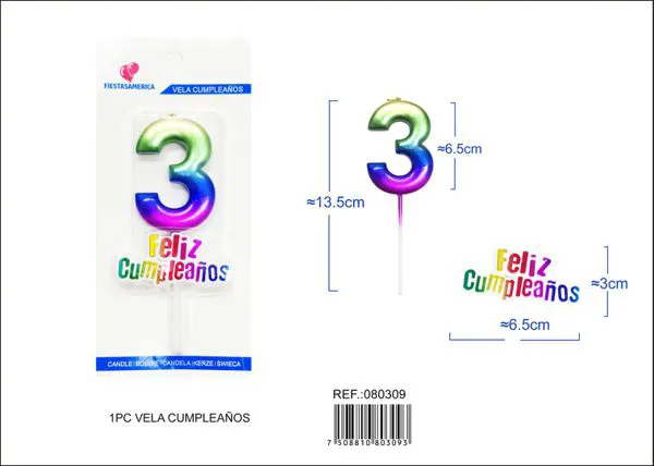 Vela de cumpleaños número 3 degradado 7 cm