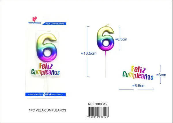Vela de cumpleaños número 6 degradado 7 cm