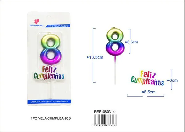 Vela de cumpleaños número 8 degradado 7 cm