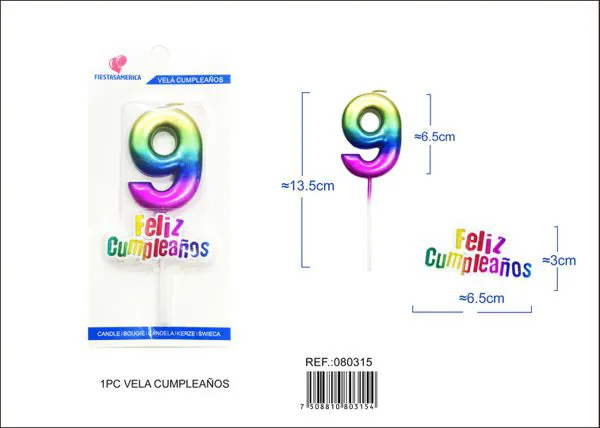 Vela de cumpleaños número 9 degradado 7 cm