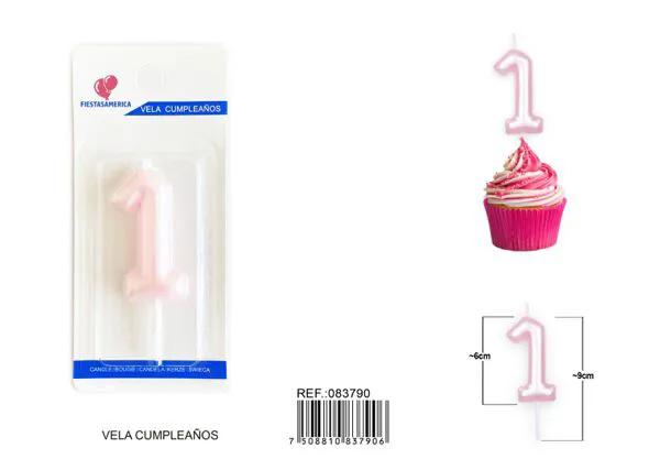 Vela de cumpleaños número 1 rosa 6 cm