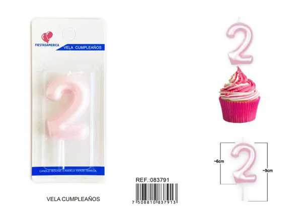 Vela de cumpleaños número 2 rosa 6 cm