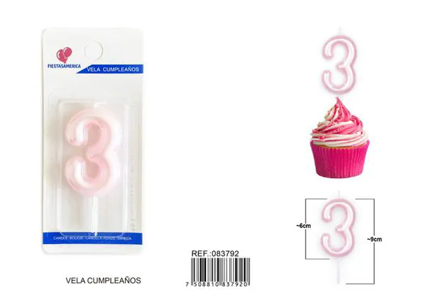 Vela de cumpleaños número 3 rosa 6 cm