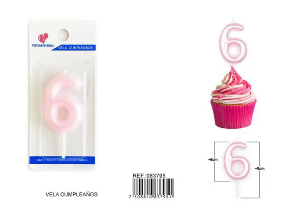 Vela de cumpleaños número 6 rosa 6 cm