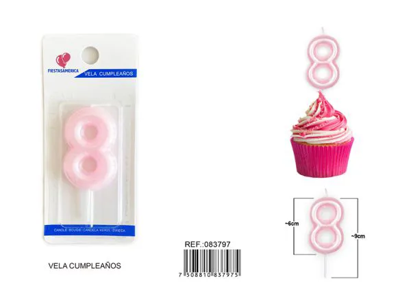 Vela de cumpleaños número 8 rosa 6 cm