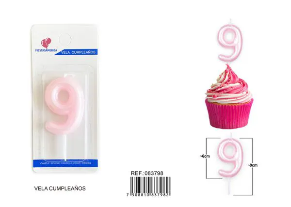 Vela de cumpleaños número 9 rosa 6 cm
