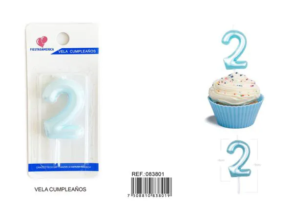 Vela de cumpleaños número 2 azul 6 cm