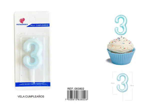 Vela de cumpleaños número 3 azul 6 cm