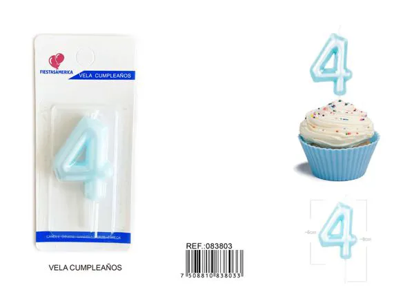 Vela de cumpleaños número 4 azul 6 cm