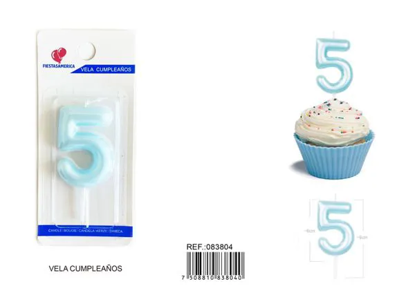 Vela de cumpleaños número 5 azul 6 cm