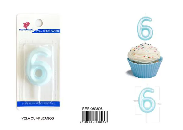 Vela de cumpleaños número 6 azul 6 cm