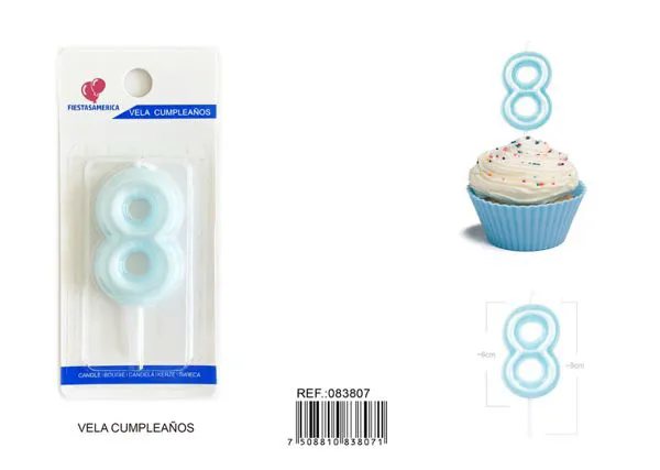 Vela de cumpleaños número 8 azul 6 cm