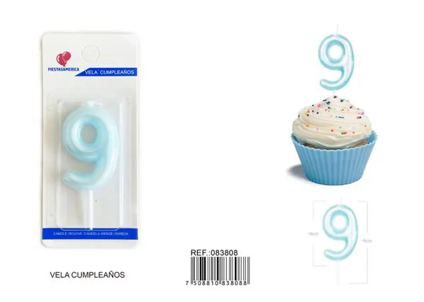 Vela de cumpleaños número 9 azul 6 cm