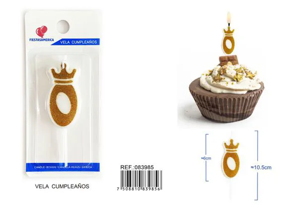 Vela de cumpleaños número 0 dorada 6 cm