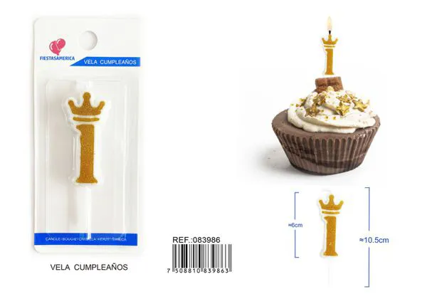 Vela de cumpleaños número 1 dorada 6 cm