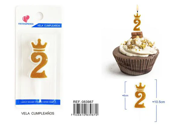 Vela de cumpleaños número 2 dorada 6 cm