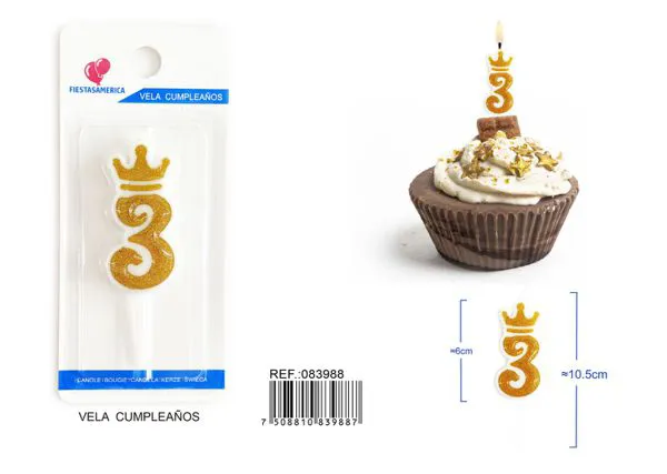 Vela de cumpleaños número 3 dorada 6 cm