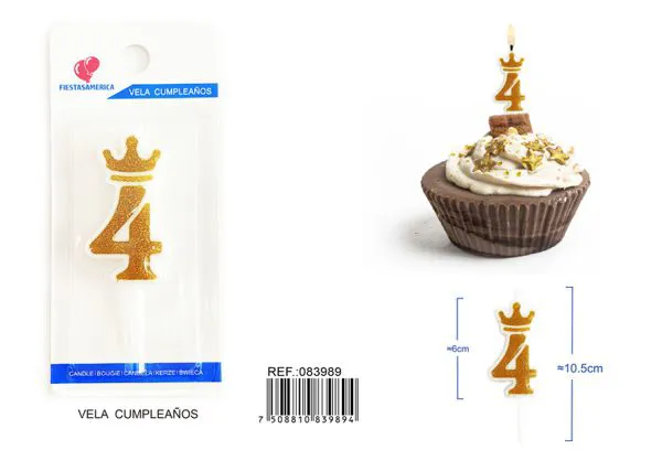 Vela de cumpleaños número 4 dorada 6 cm