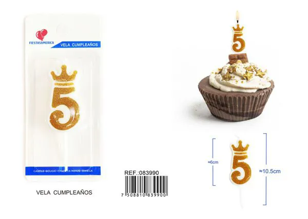 Vela de cumpleaños número 5 dorada 6 cm