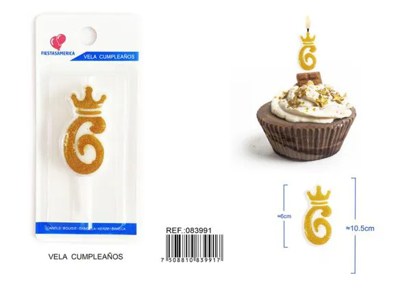 Vela de cumpleaños número 6 dorada 6 cm