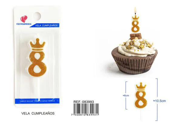 Vela de cumpleaños número 8 dorada 6 cm