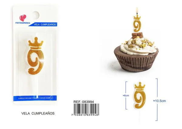 Vela de cumpleaños número 9 dorada 6 cm
