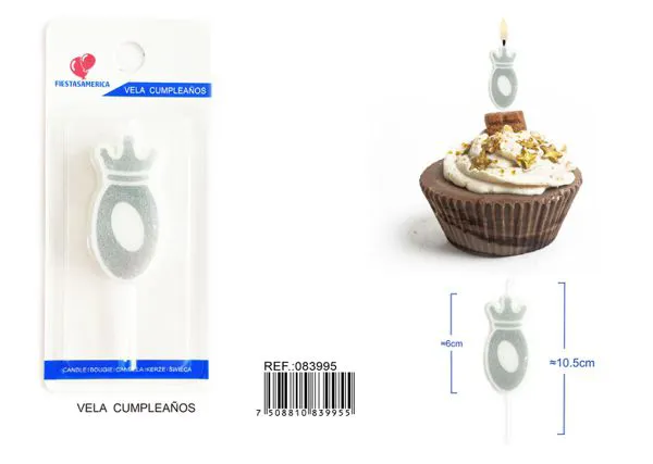 Vela de cumpleaños número 0 plateada 6 cm