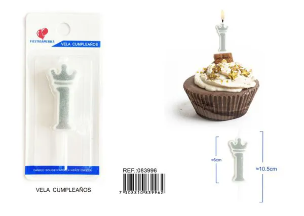 Vela de cumpleaños número 1 plateada 6 cm