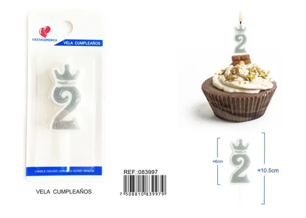 Vela de cumpleaños número 2 plateada 6 cm