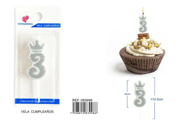 Vela de cumpleaños número 3 plateada 6 cm