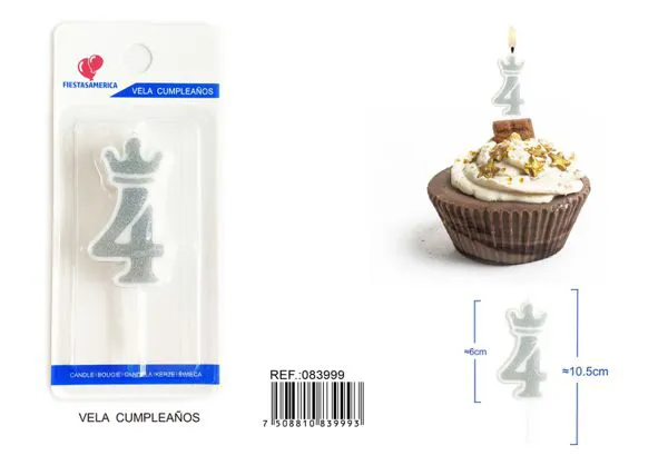 Vela de cumpleaños número 4 plateada 6 cm