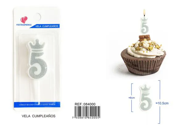 Vela de cumpleaños número 5 plateada 6 cm