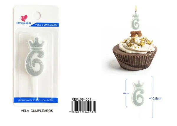 Vela de cumpleaños número 6 plateada 6 cm