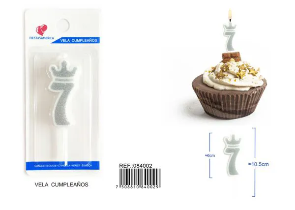 Vela de cumpleaños número 7 plateada 6 cm