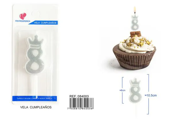 Vela de cumpleaños número 8 plateada 6 cm