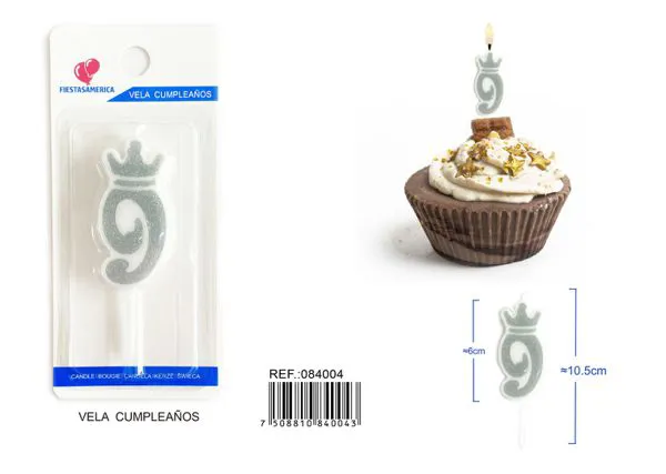 Vela de cumpleaños número 9 plateada 6 cm