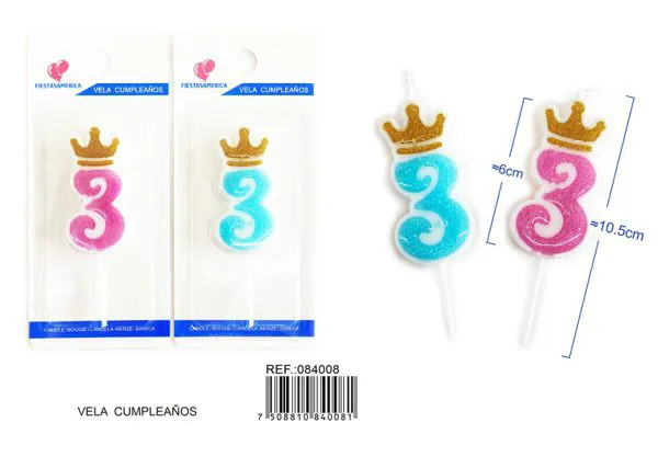 Vela de cumpleaños número 3 azul 6 cm