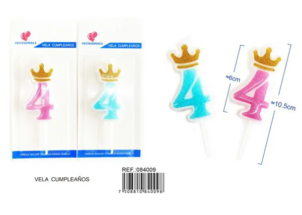 Vela de cumpleaños número 4 azul 6 cm