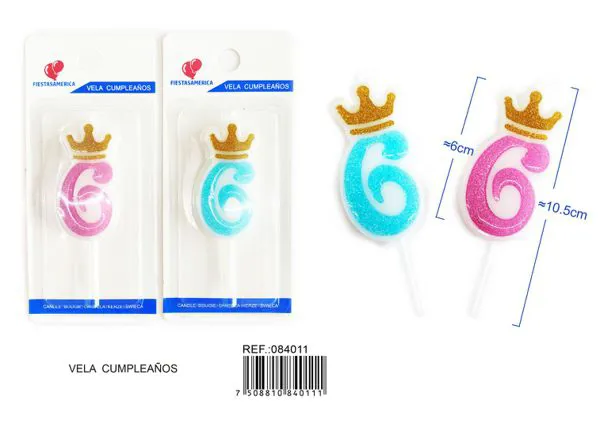 Vela de cumpleaños número 6 azul 6 cm