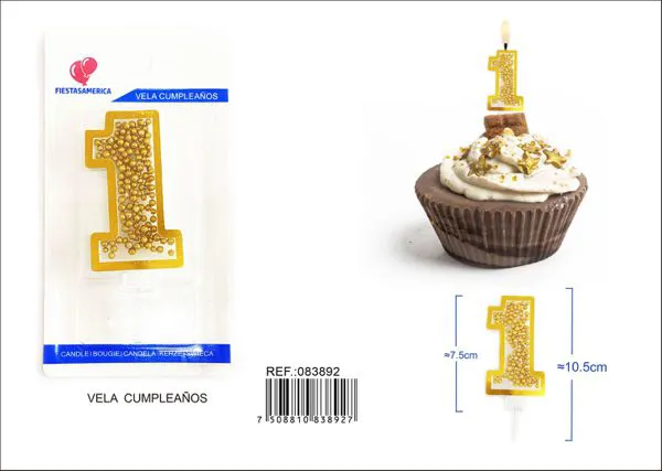 Vela de cumpleaños número 1 dorada 8 cm