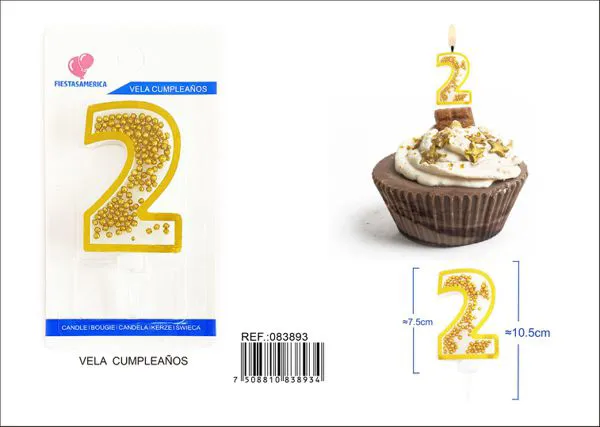 Vela de cumpleaños número 2 dorada 8 cm