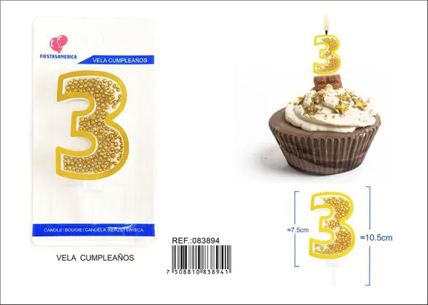 Vela de cumpleaños número 3 dorada 8 cm