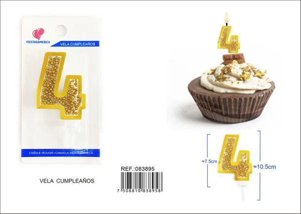 Vela de cumpleaños número 4 dorada 8 cm